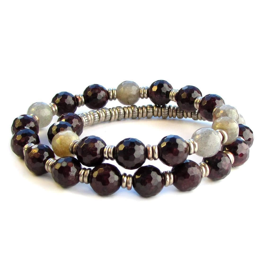 Bracelets - Love And Serendipity, Genuine Garnet And Labradorite 27 Bead Wrap Mala Bracelet