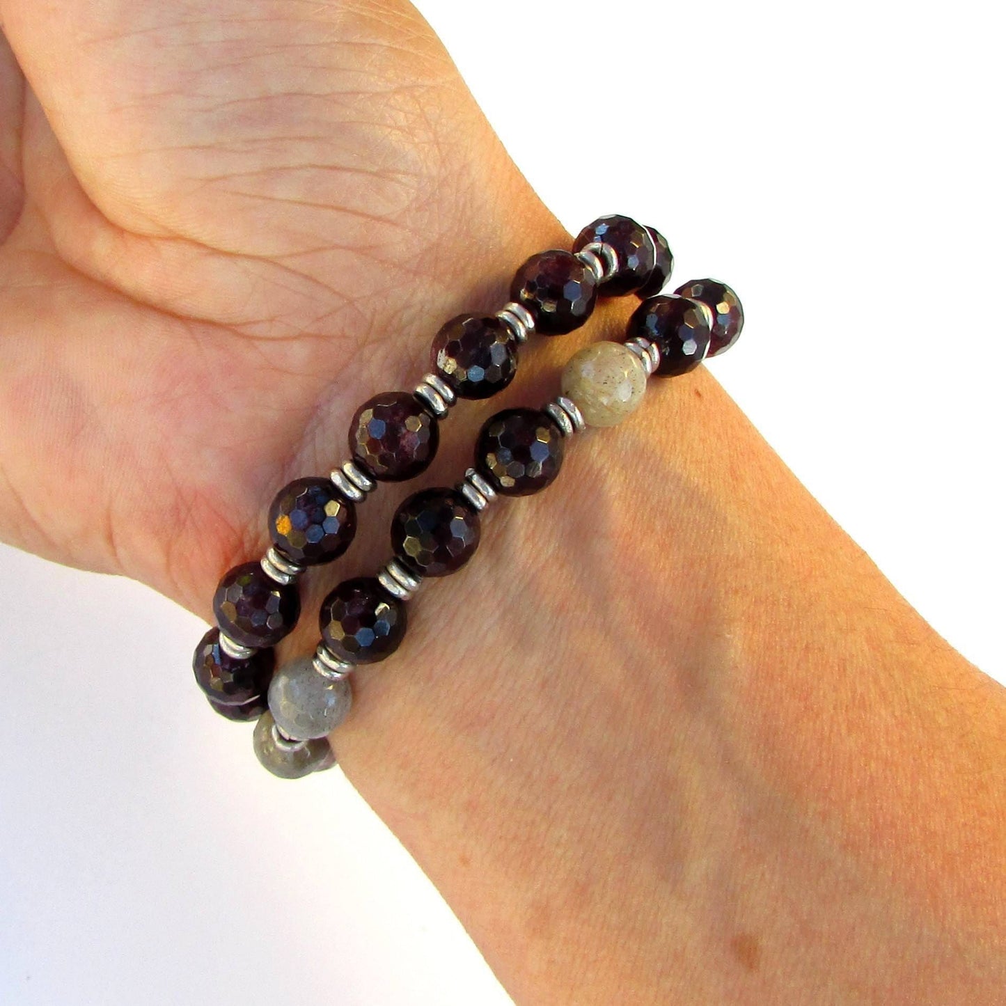 Bracelets - Love And Serendipity, Genuine Garnet And Labradorite 27 Bead Wrap Mala Bracelet