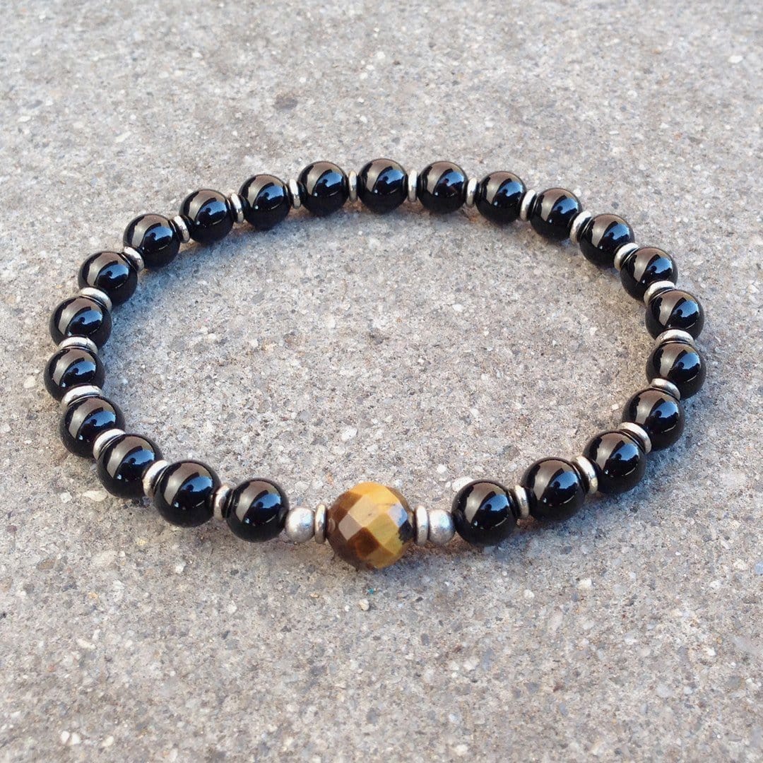 Bracelets - Patience And Abundance, Onyx And Tiger's Eye Guru Bead Mala Bracelet