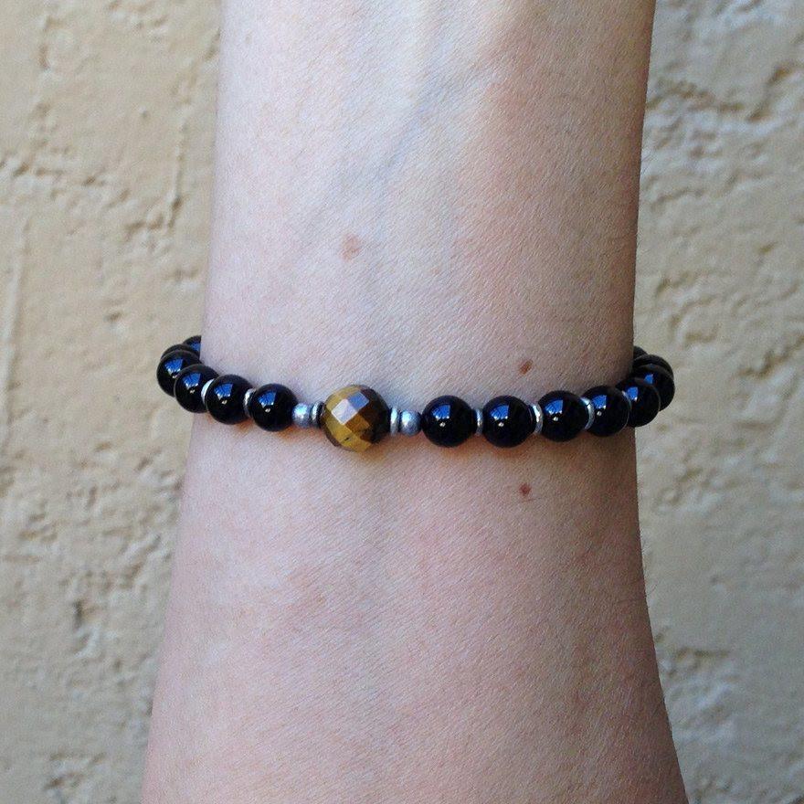 Bracelets - Patience And Abundance, Onyx And Tiger's Eye Guru Bead Mala Bracelet