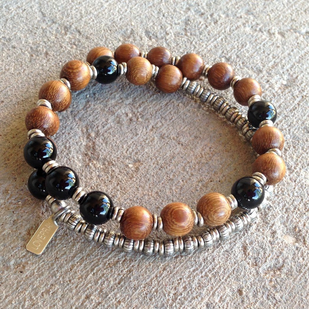 Bracelets - Patience, Onyx And Wood 27 Bead Unisex Wrap Mala Bracelet