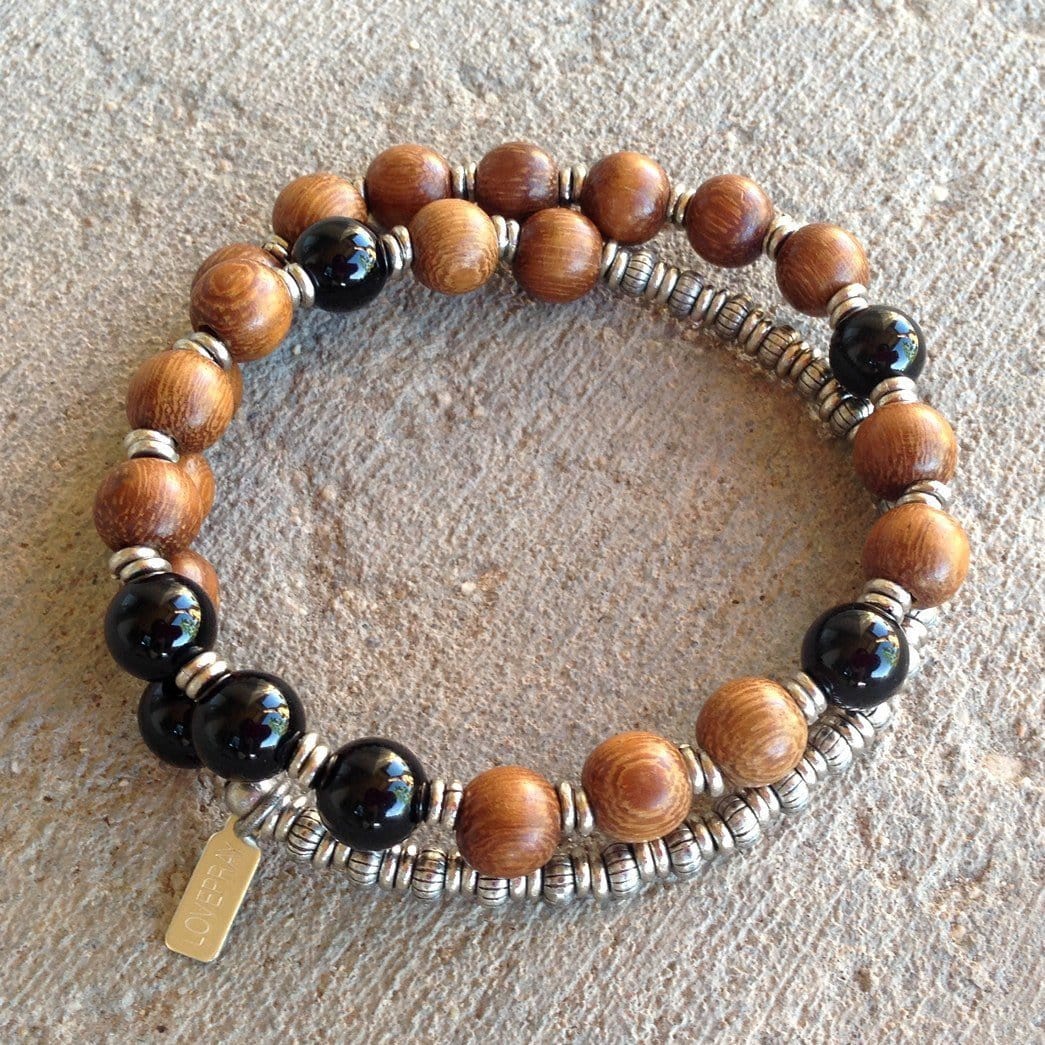 Bracelets - Patience, Onyx And Wood 27 Bead Unisex Wrap Mala Bracelet