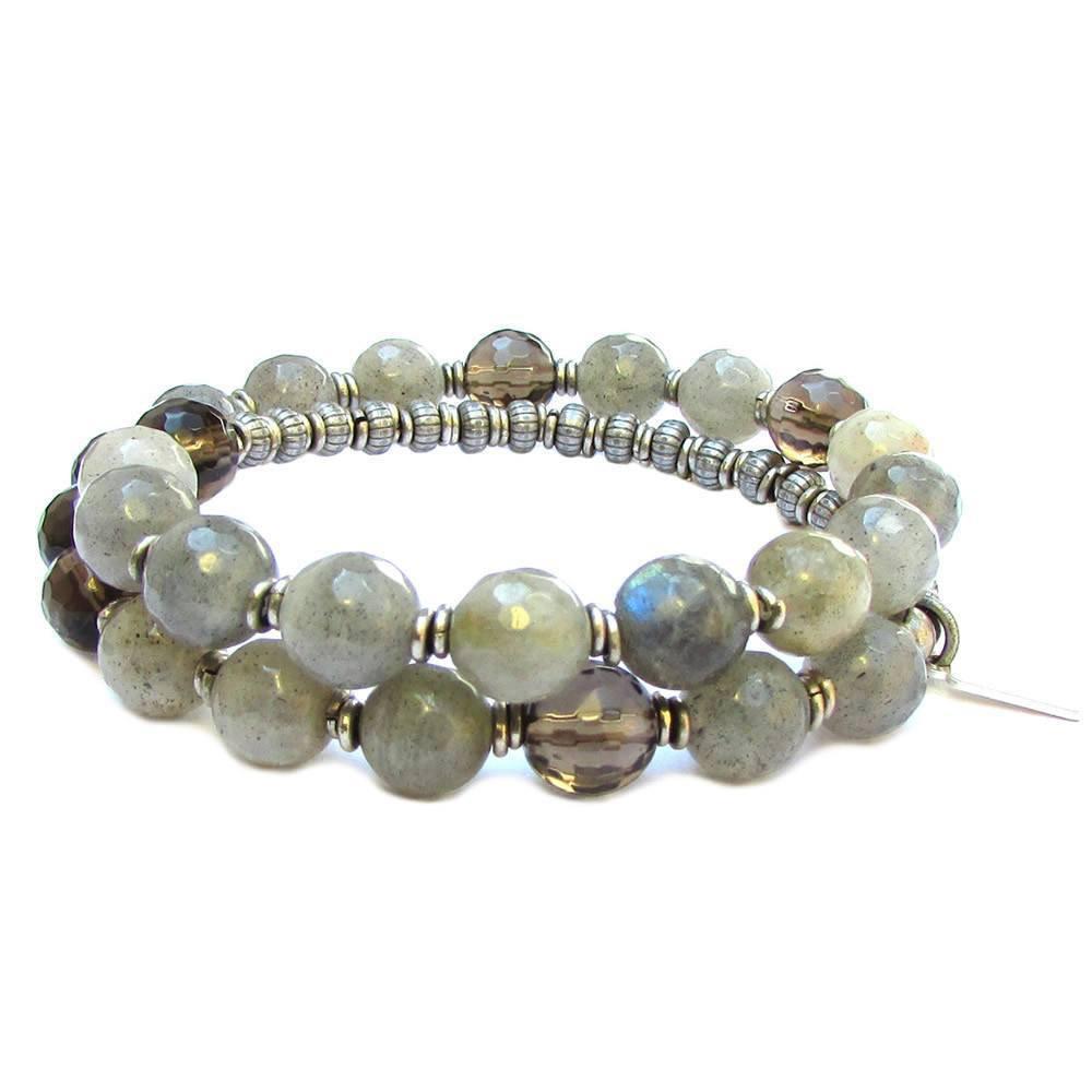 Bracelets - Positivity And Serendipity, Genuine Labradorite And Smoky Quartz 27 Bead Wrap Mala Bracelet