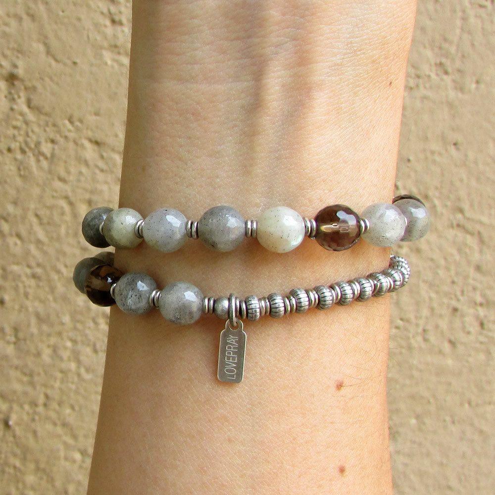 Bracelets - Positivity And Serendipity, Genuine Labradorite And Smoky Quartz 27 Bead Wrap Mala Bracelet