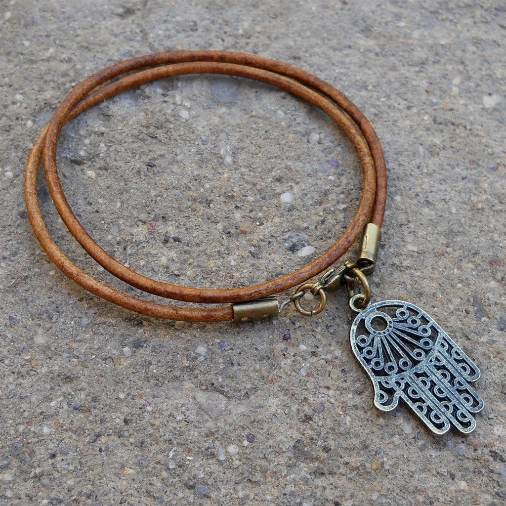 Bracelets - Protection - Greek Leather Wrap Bracelet Hamsa Hand