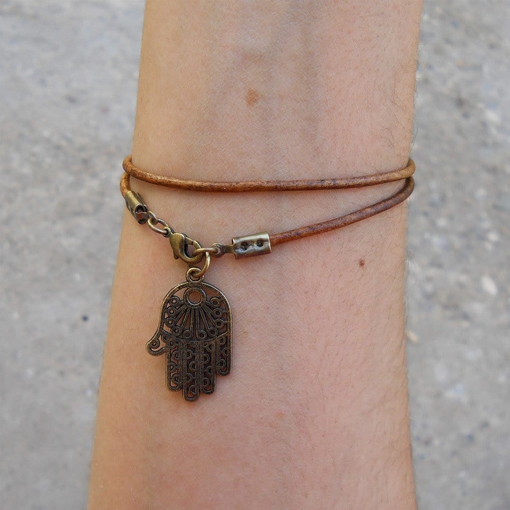 Bracelets - Protection - Greek Leather Wrap Bracelet Hamsa Hand