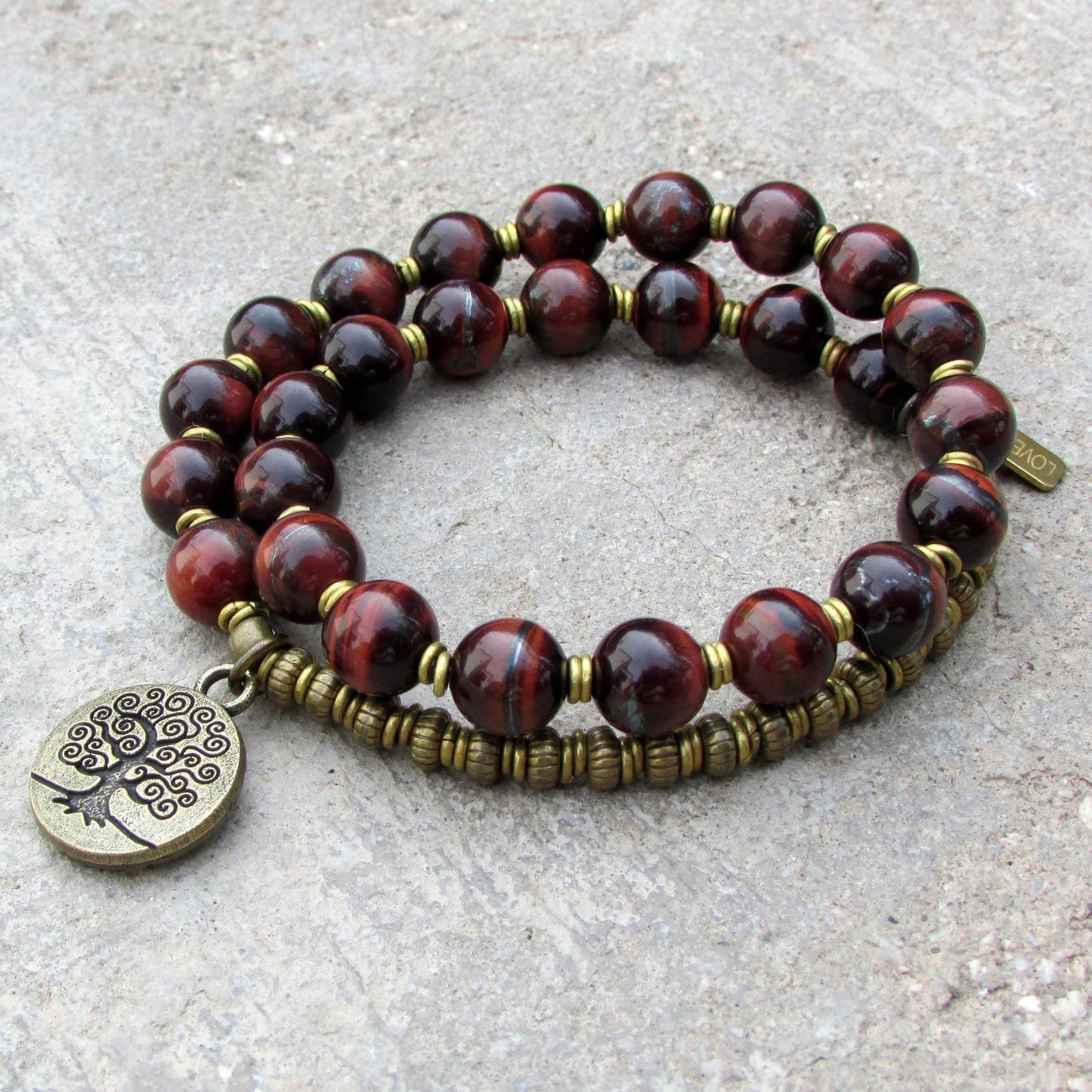 Bracelets - Red Tiger's Eye Gemstone 27 Bead Mala Bracelet With Tree Of Life Charm