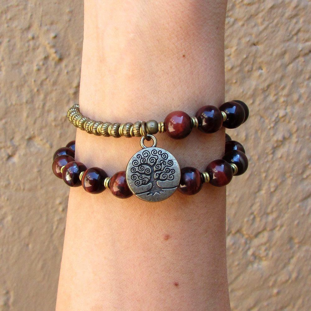 Bracelets - Red Tiger's Eye Gemstone 27 Bead Mala Bracelet With Tree Of Life Charm