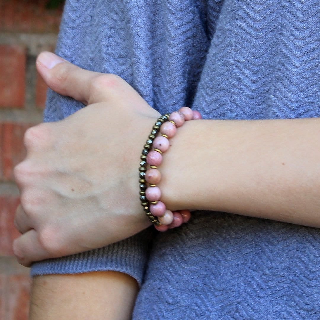 Bracelets - Self Love And Confidence, Rhodochrosite And Pyrite 27 Bead Wrap Mala Bracelet