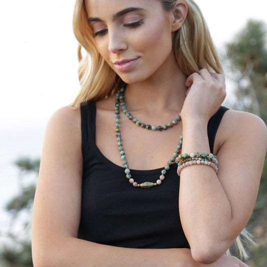 Necklaces - African Turquoise And Sunstone Hand Knotted Mala Necklace