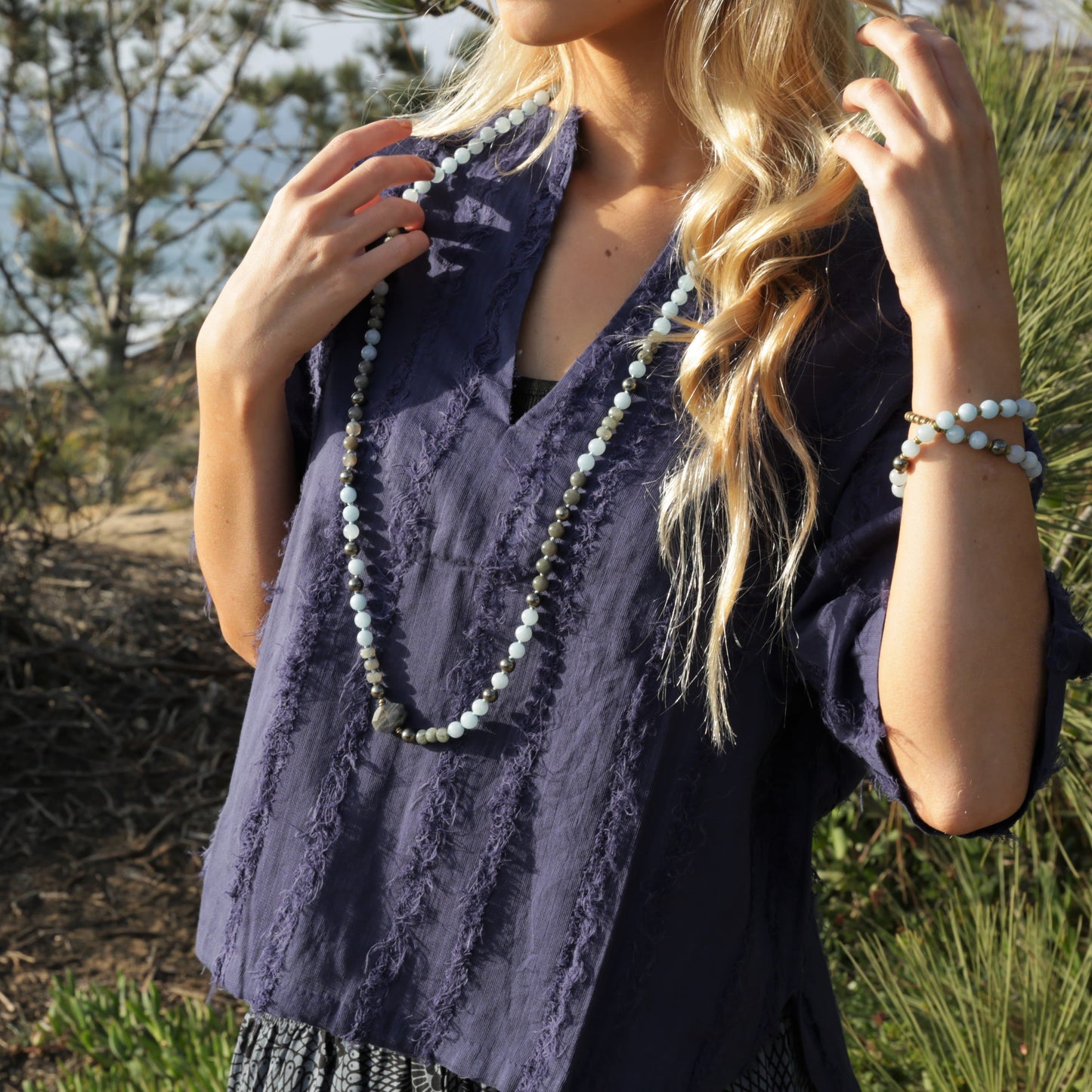 Necklaces - Aquamarine Hand Knotted Mala Necklace