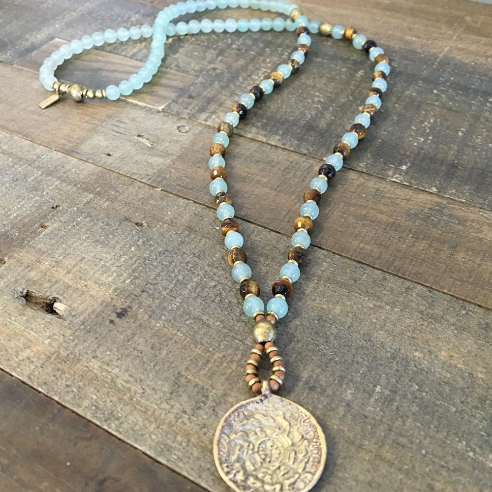 Necklaces - Luck And Prosperity, Aventurine And Tiger´s Eye Beaded Necklace With Tibetan Pendant, 108 Bead Mala