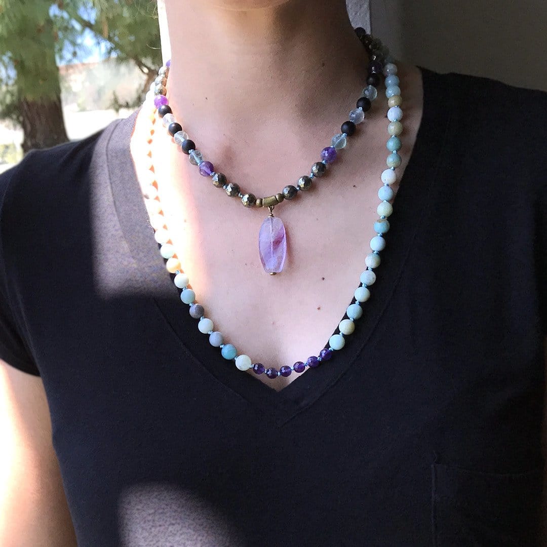 Necklaces - Mala, Amazonite, Onyx, And Pyrite Hand Knotted Mala Necklace