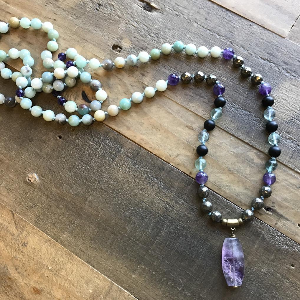 Necklaces - Mala, Amazonite, Onyx, And Pyrite Hand Knotted Mala Necklace