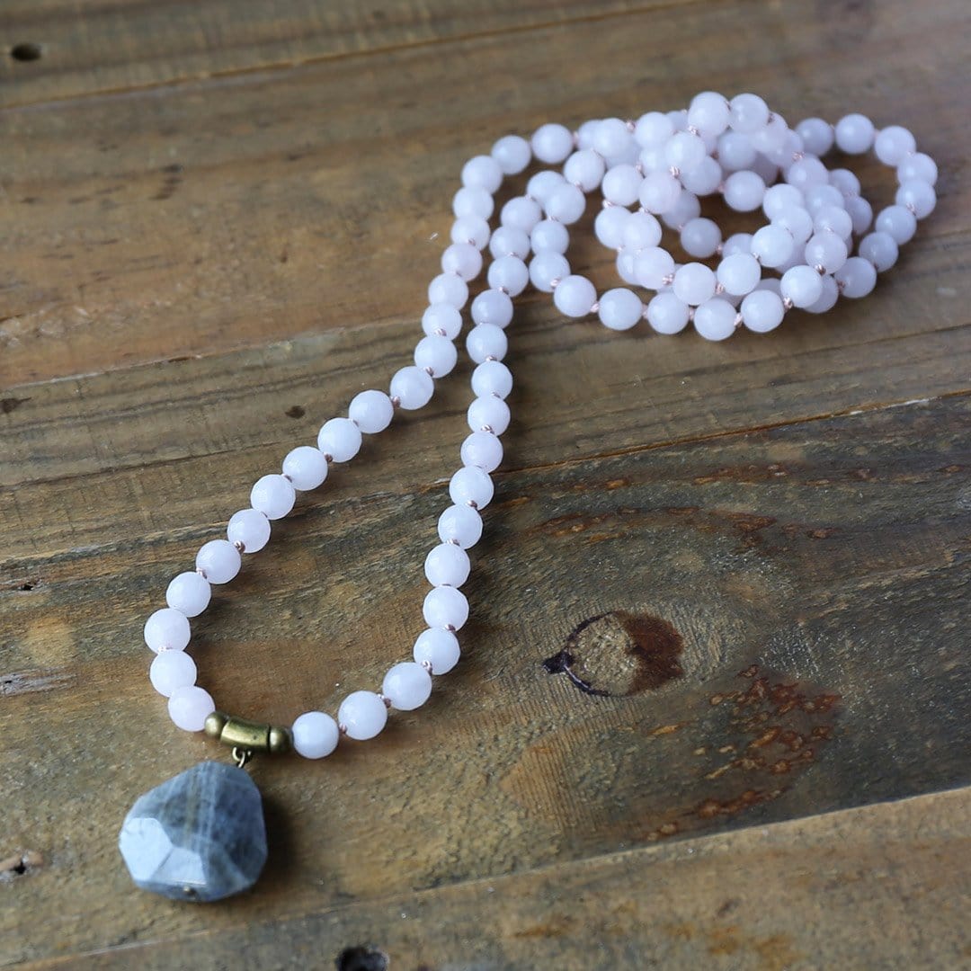 Necklaces - Rose Quartz And Labradorite Hand Knotted Mala Necklace