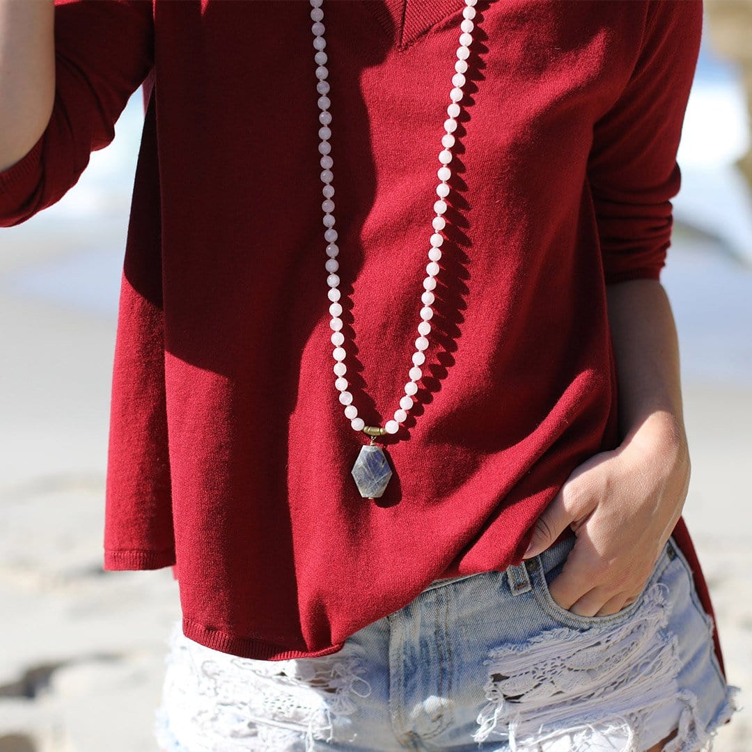 Necklaces - Rose Quartz And Labradorite Hand Knotted Mala Necklace