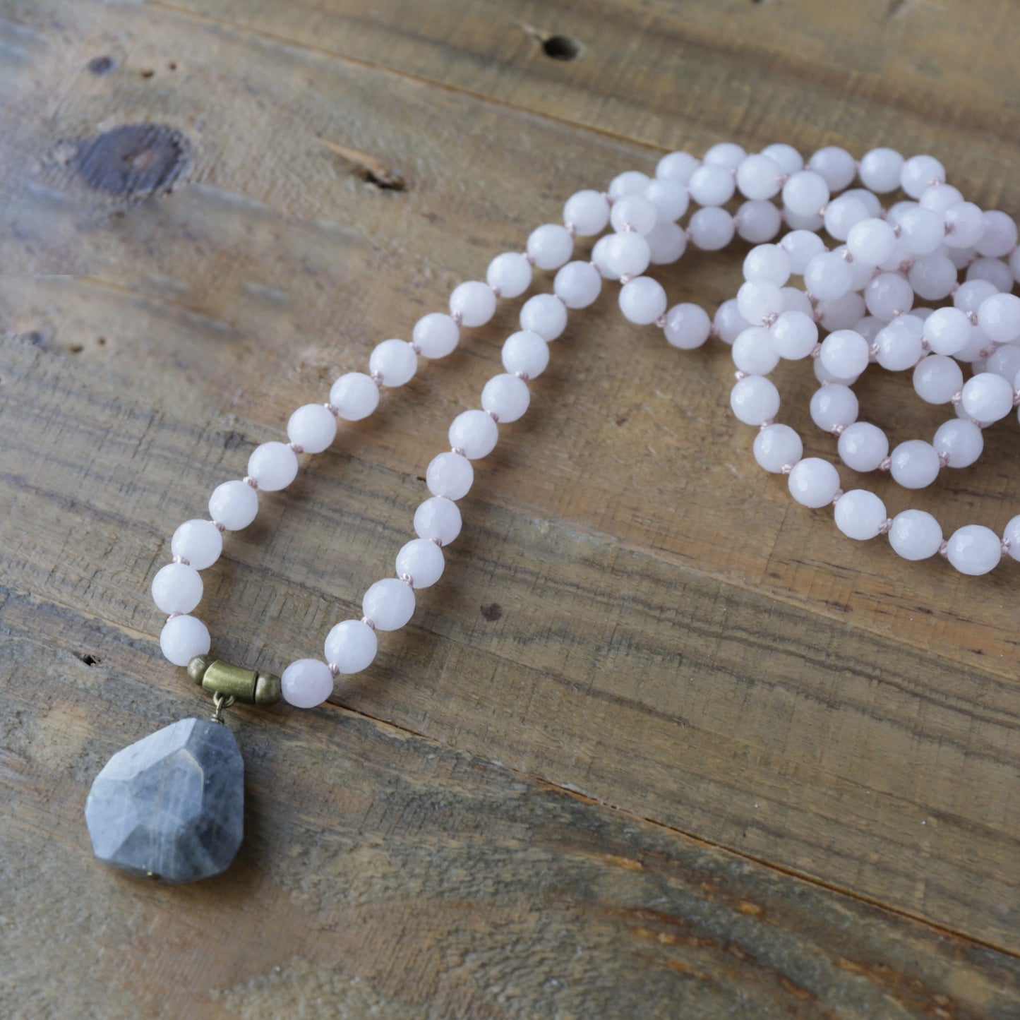 Necklaces - Rose Quartz And Labradorite Hand Knotted Mala Necklace