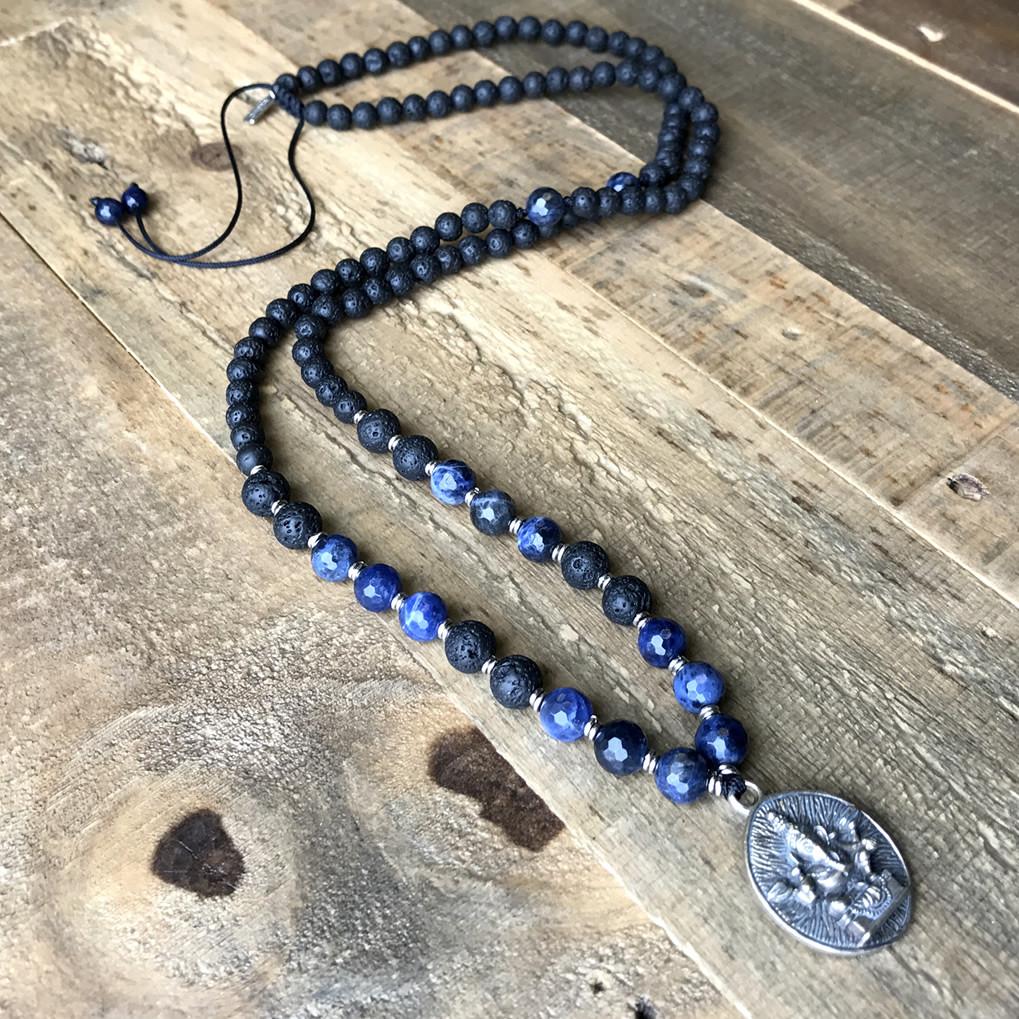 Necklaces - Third Eye Chakra Aromatherapy Lava Rock Mala Beads With Ganesh Pendant