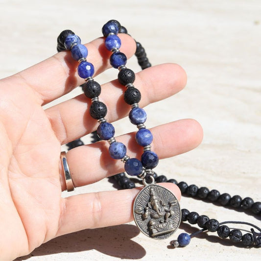 Third Eye Chakra Lava Rock Mala Beads with Ganesh Pendant *Final Sale*