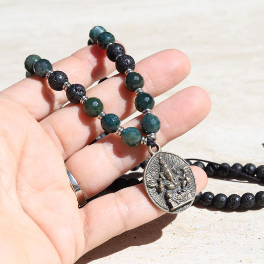 Heart Chakra Lava Mala Necklace with Ganesh Pendant *Final Sale*