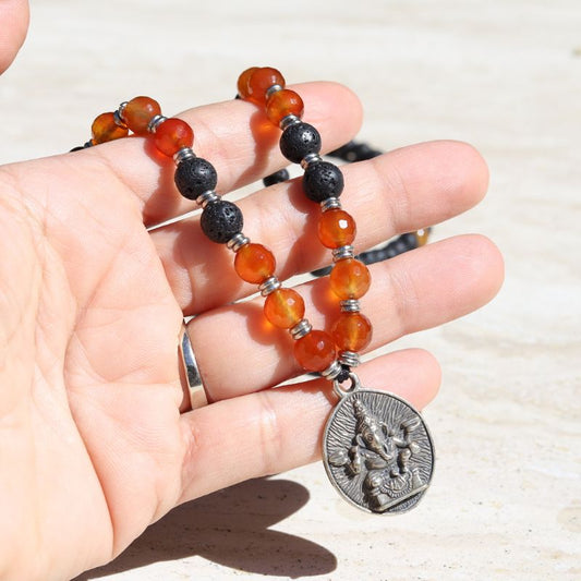 Sacral Chakra Lava Rock Mala Beads with Ganesh Pendant *Final Sale*