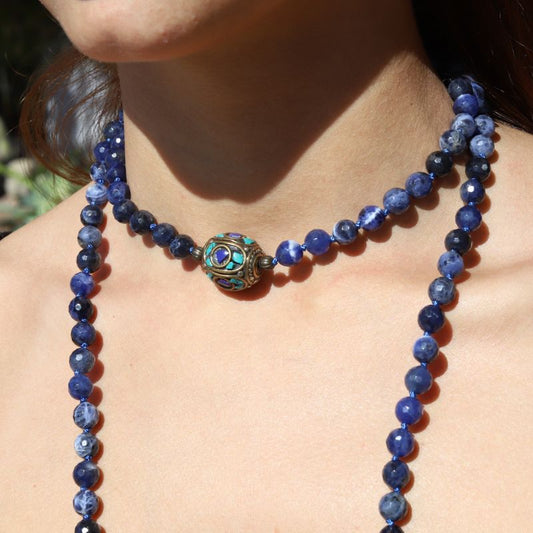 Sodalite and Tibetan Guru Bead Hand Knotted Mala Necklace *Final Sale*