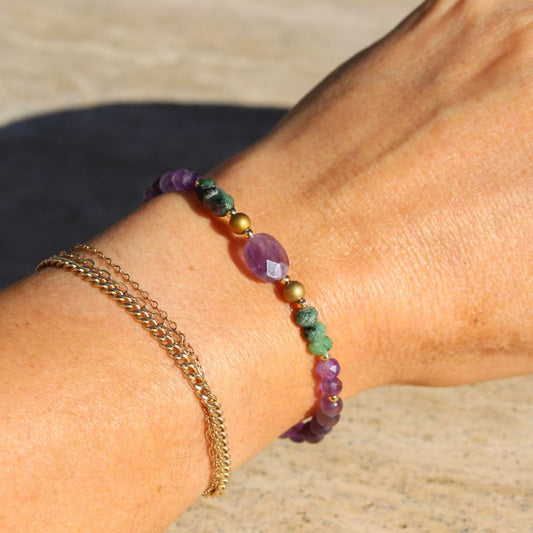 Amethyst Ruby and Zoisite Bracelet on Hand