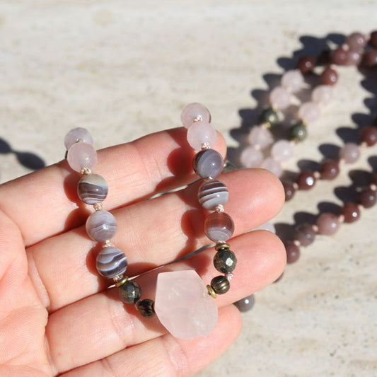 Botswana Agate Rose Quartz & Purple Aventurine Hand Knotted Mala *Final Sale*