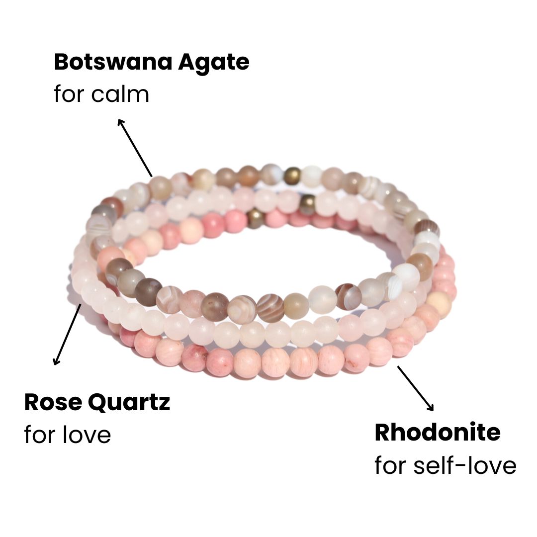 SatinCrystals Gemstone Bracelet Set - Chrysocolla, Rose Quartz, Rhodonite Heart Chakra Stretch - View #6