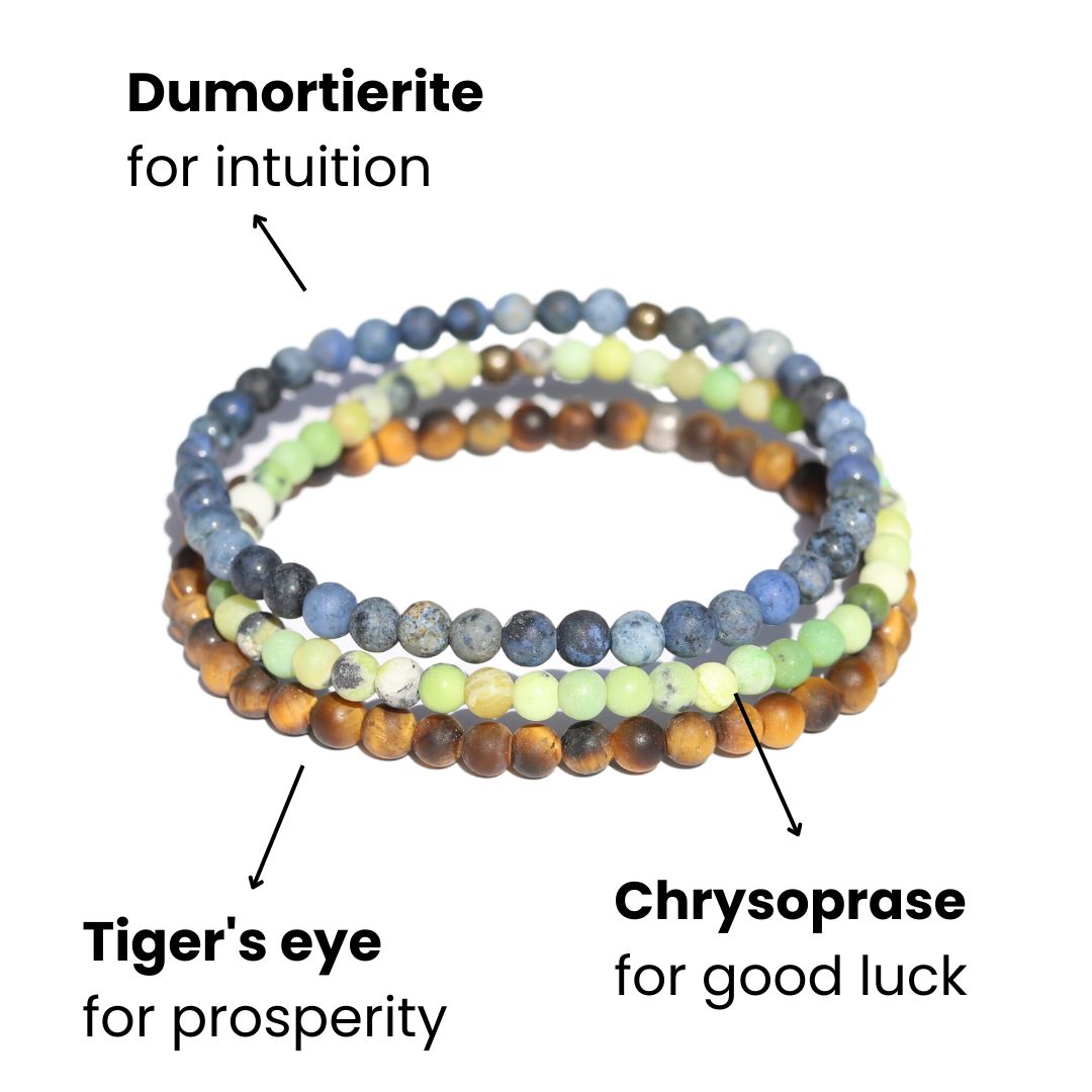 "Intuition" Dumortierite Chrysoprase & Tigers Eye Matte Bracelet Set