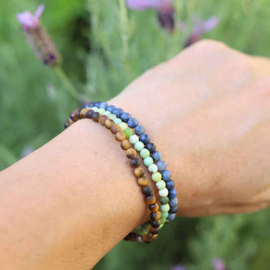 Dumortierite Chrysoprase & Tigers Eye Dainty Bracelet on hand model