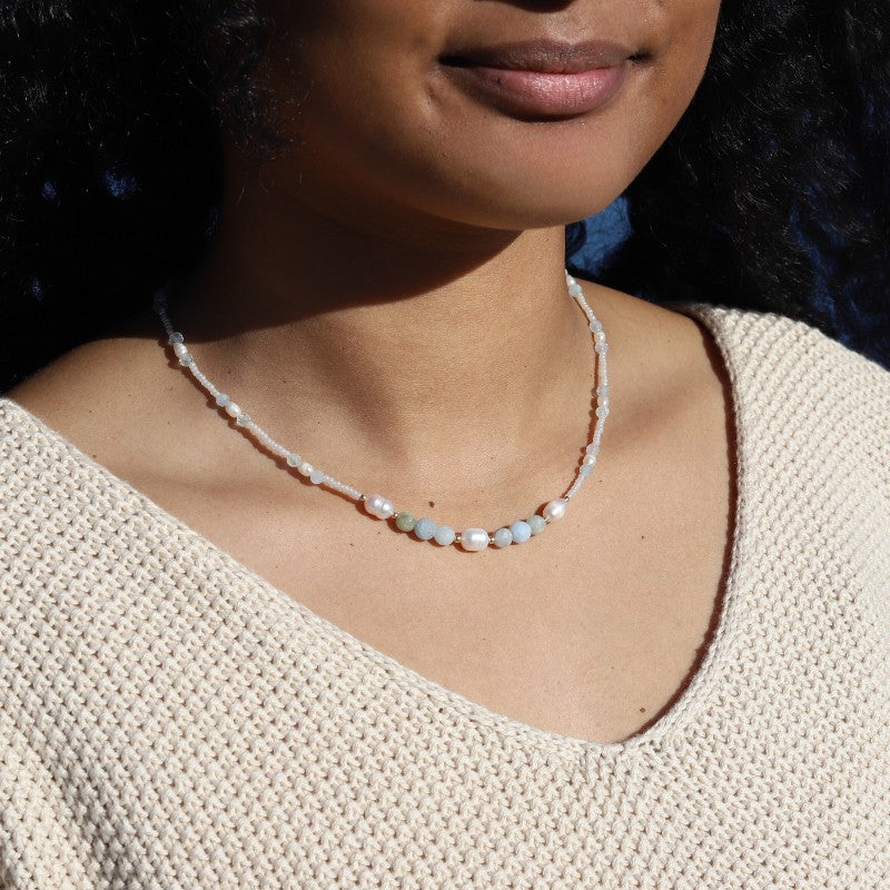 Woman wearing genuine Aquamarine and Pearls Necklace