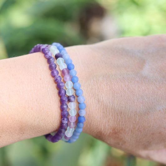 Fluorite Amethyst and Aventurine Dainty Bracelet Set on hand model