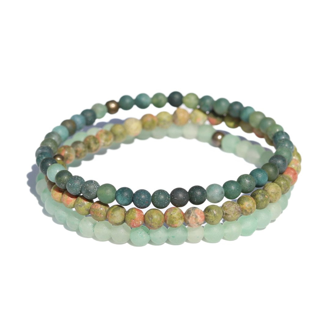 Moss Agate, Aventurine and Unakite Delicate Beaded Bracelet Set