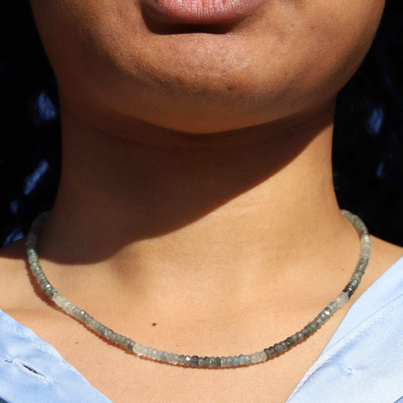 Woman wearing Moss Aquamarine Luxury Necklace
