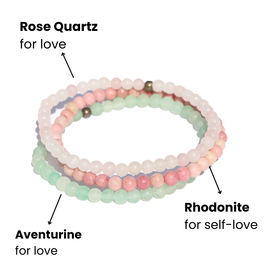 "Love" Rose Quartz Aventurine & Rhodonite Bracelet Set