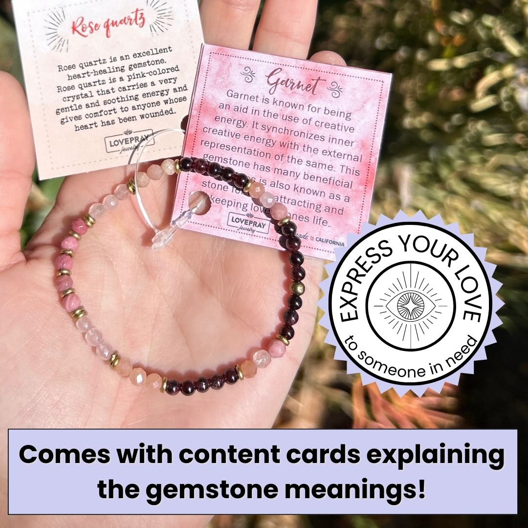 Genuine Garnet and Rose Quartz delicate bracelet with meaning cards 