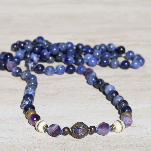 Sodalite and Amethyst Hand Knotted Mala Necklace *Final Sale*