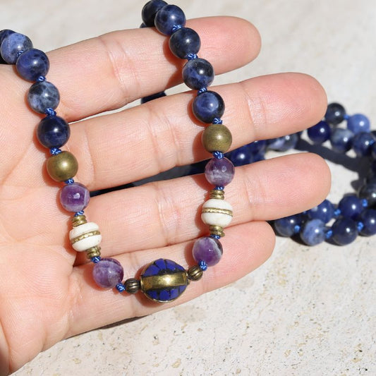 Sodalite and Amethyst Hand Knotted Mala Necklace *Final Sale*