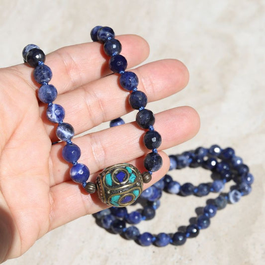 Sodalite and Tibetan Guru Bead Hand Knotted Mala Necklace *Final Sale*
