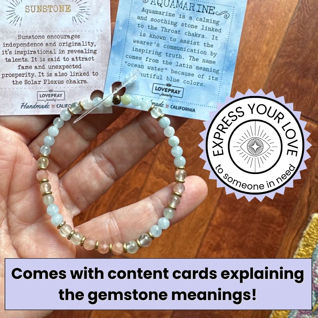 Genuine aquamarine and sunstone delicate bracelet with meaning cards 