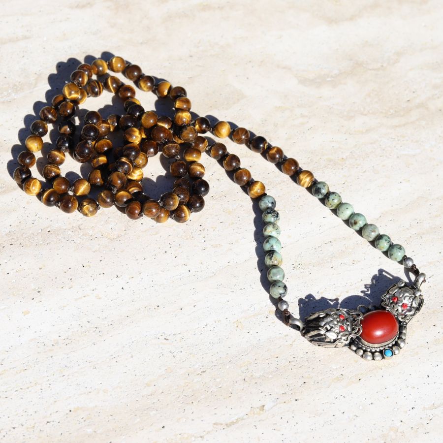 Tiger's Eye and Turquoise Dragon Hand Knotted Necklace *Final Sale*