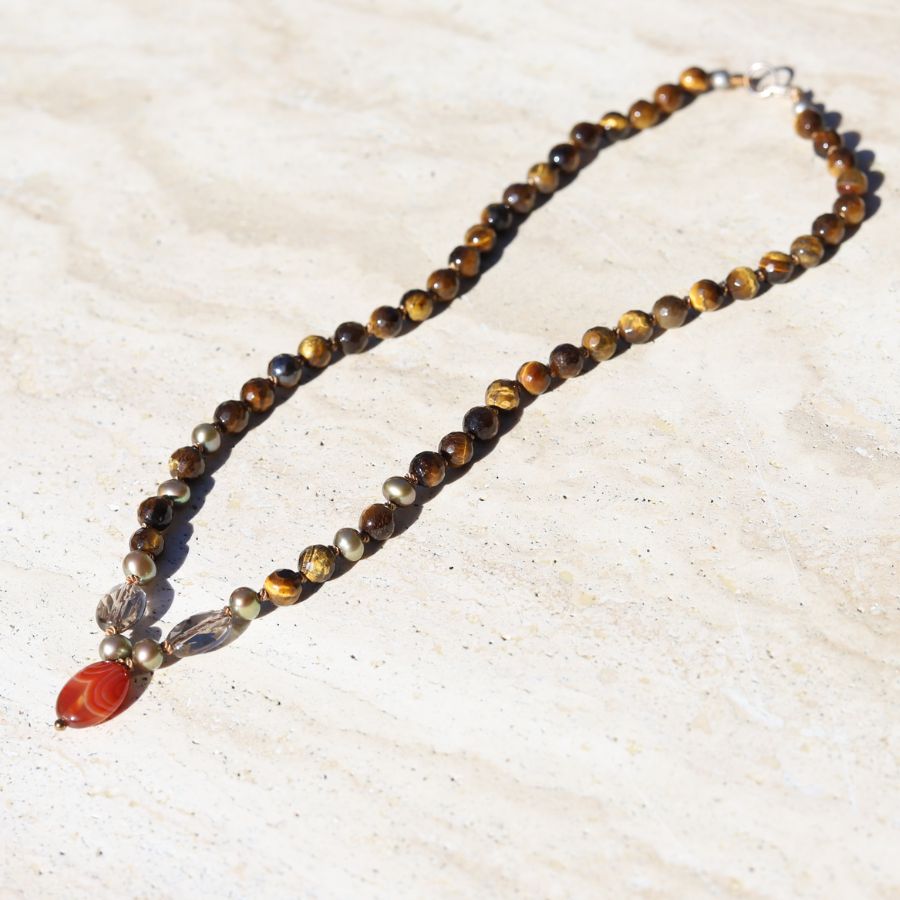 Tiger's Eye and Pearls Hand Knotted Mala Necklace *Final Sale*