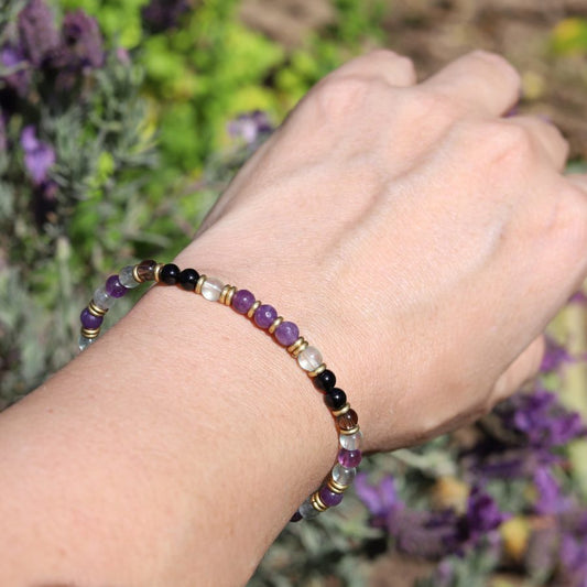 Woman wearing Tourmaline and fluorite bracelet