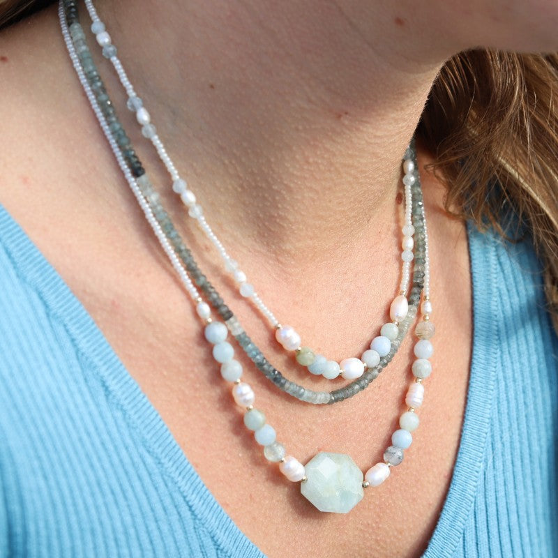 Woman wearing Aquamarine and Pearls Luxury Necklace