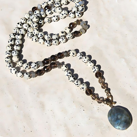 dalmatian jasper hand knotted mala necklace