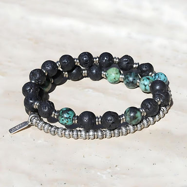 Lava Rock and African Turquoise Men's Wrap Bracelet, Throat Chakra Bra Lava Rock and African Turquoise Men's Wrap Bracelet, Throat Chakra Bra