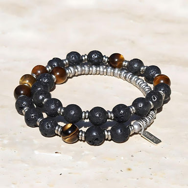 Lava Rock and Tiger's Eye Men's Wrap Bracelet, Solar Plexus Chakra Bra