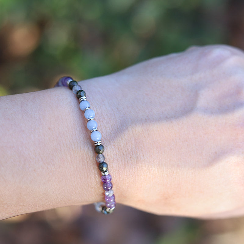 Model wearing Angelite and Amethyst Delicate Bracelet