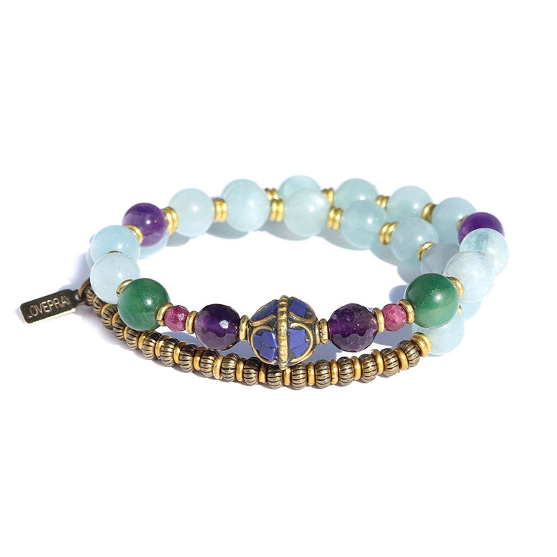 Aquamarine, Jade and Ruby Mala Bracelet 
